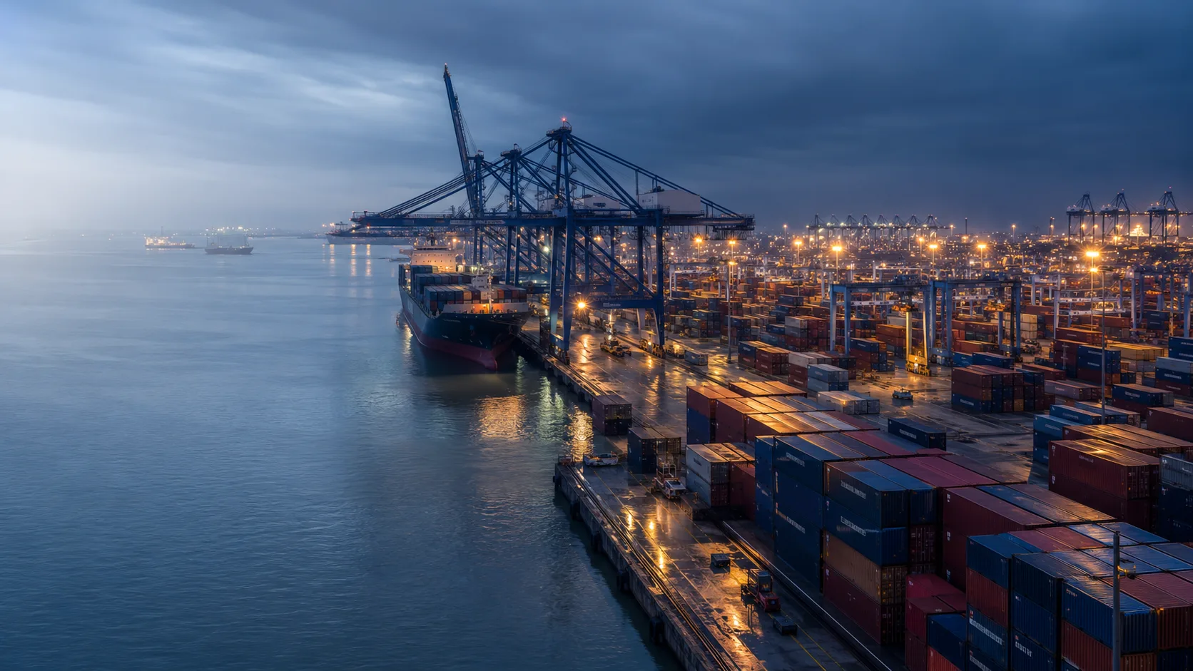 International container terminal illuminated at blue hour
